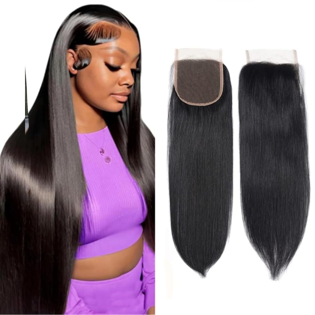 Datanala Straight Human Hair Lace Closure 12A Brazilian Virgin 100% Unprocessed Straight Human Hair 4x4 Lace Closure Free Part Natural Black Color (12Inch, straight 4x4 closure) โ image 1