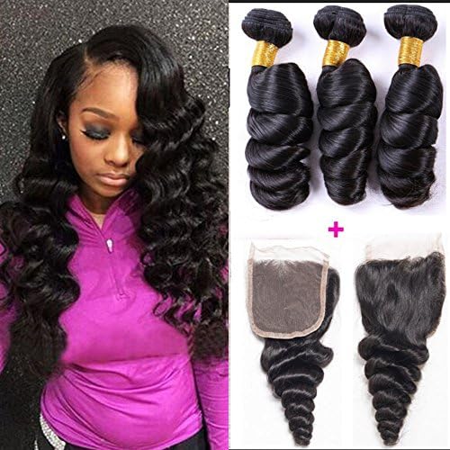 ALIBALLY Cheap Brazilian Virgin Hair With Closure Free Part Mink 10A Brazilian Loose wave Unprocessed Human Hair 3 Bundles Brazilian Virgin Loose Wave With Closure (20 22 24+20)