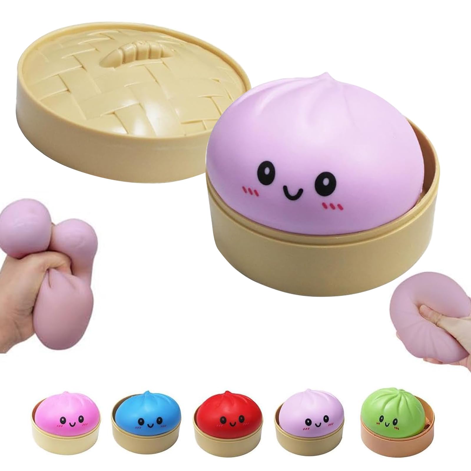 Dumpling Squishies Toys with Food Steamer, Colorful Glitter Stress Balls, Soft Squeeze Dough Fidget Sensory Toys, Cute Anxiety Relief Decompression Stretchy Desk Decor