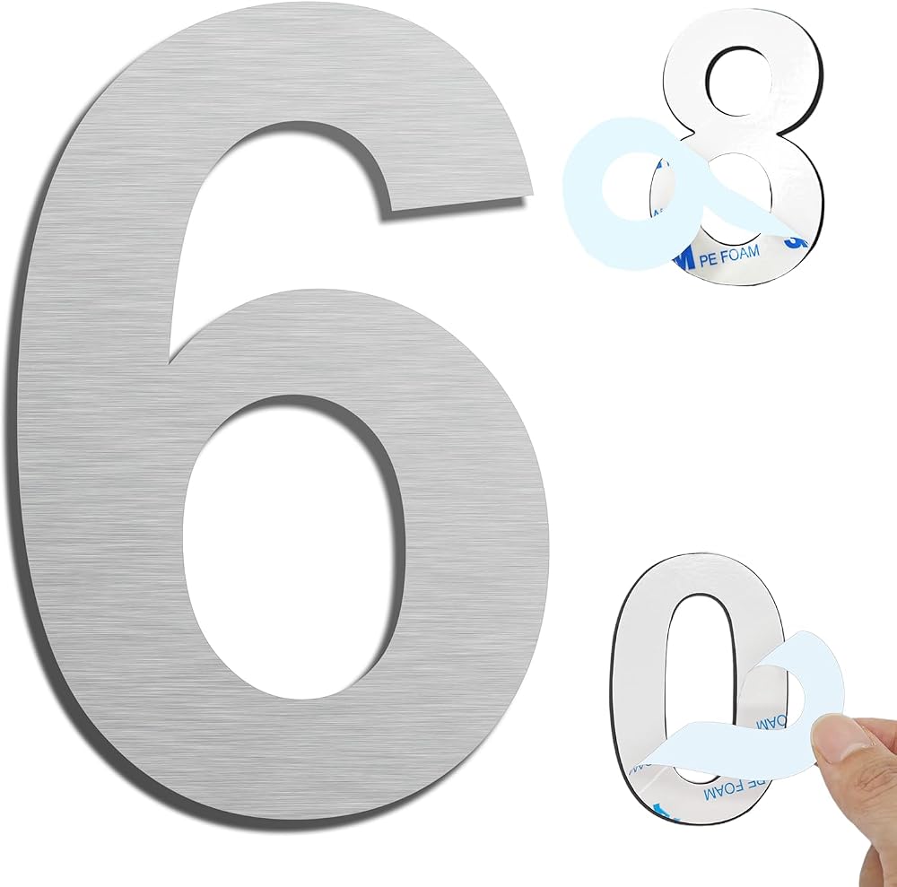 Ywonoby 3 in. Self Adhesive Stainless Steel House Numbers Silver (6)