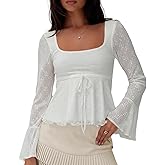 BAIGRAM Women Long Bell Sleeve Babydoll Crop Tops Y2K Boho Fall Outfits Floral Lace Square Neck Ruffle Peplum T-Shirts Blouse