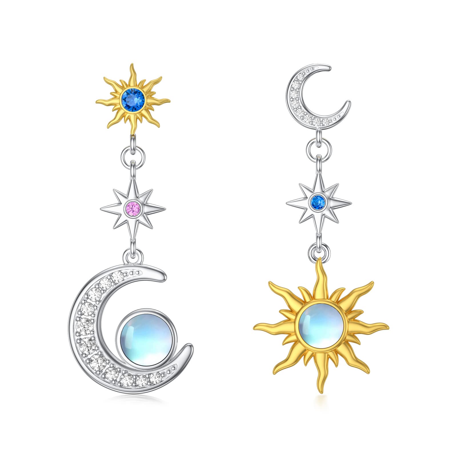 Sun Moon Dangling Earrings with Zircon 925 Sterling Silver Moonstone Dangling Earrings Exquisite Jewellery for Women, Sterling Silver