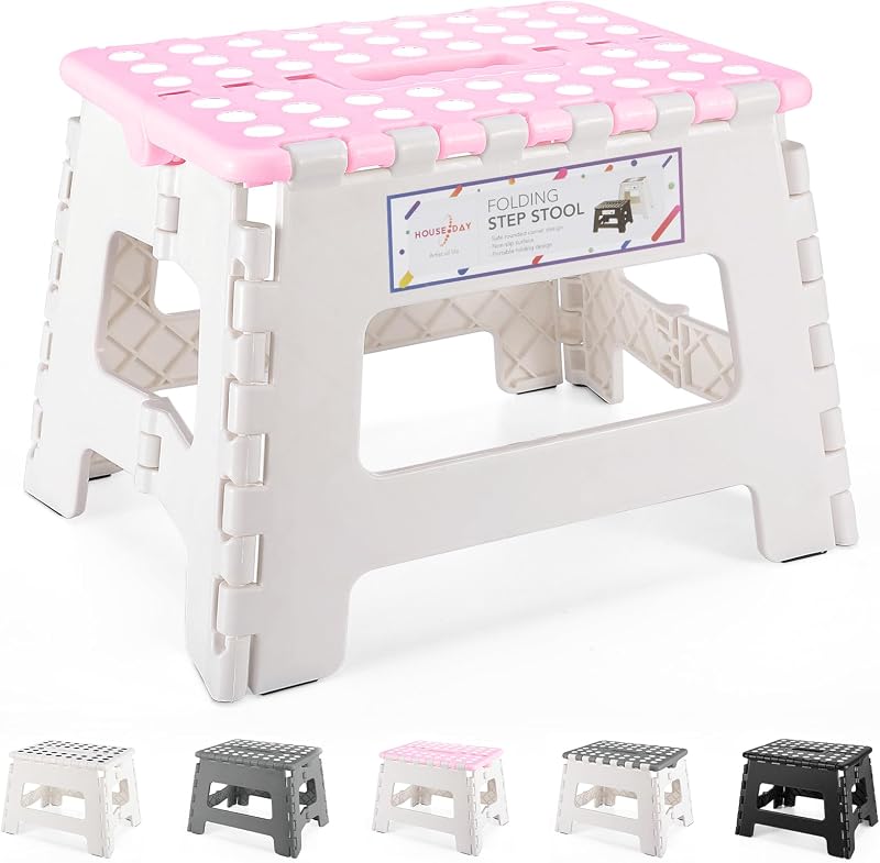 HOUSE DAY Folding Step Stool 9 Inch Pink Grey Non-Slip Safe Kid Stool