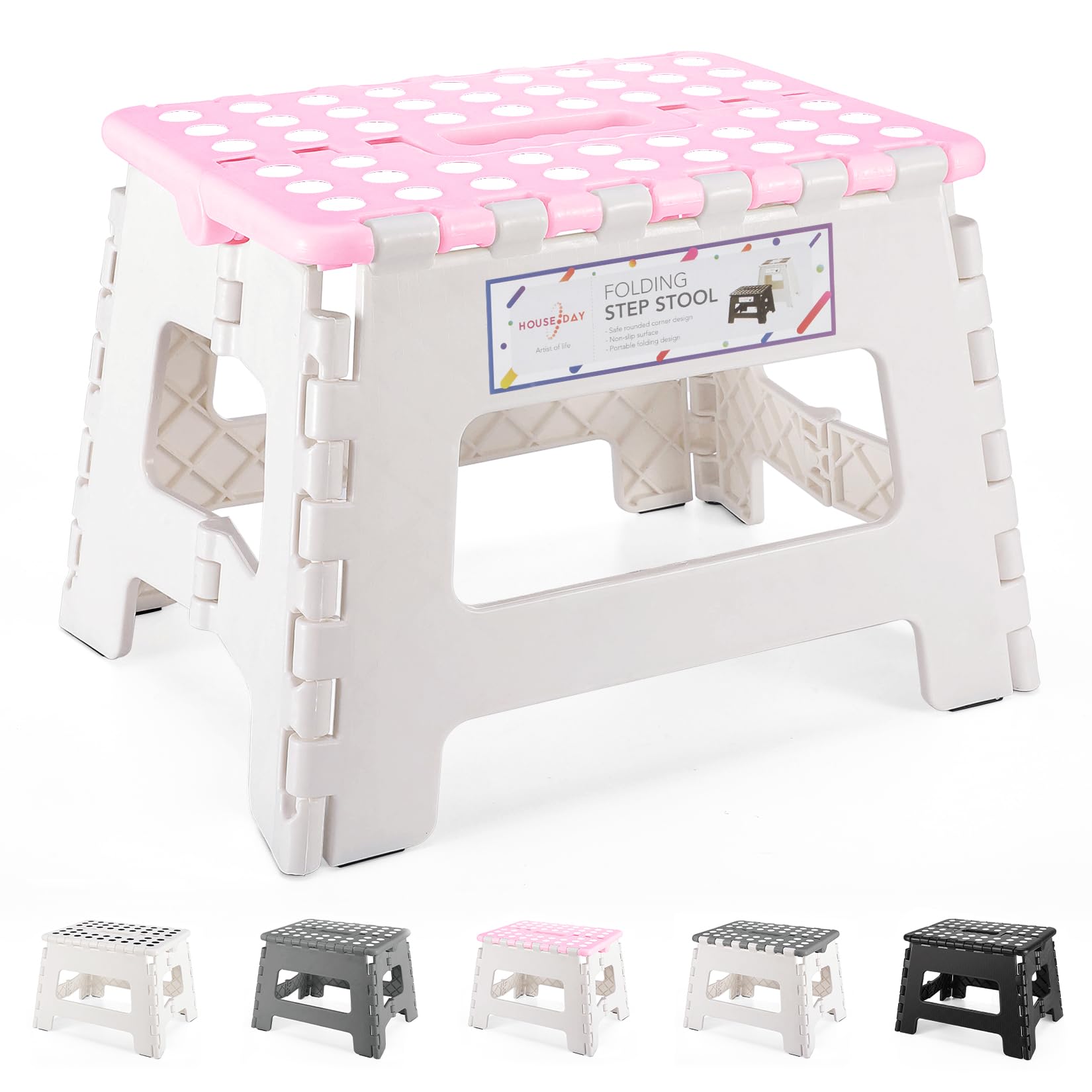 HOUSE DAY Folding Step Stool 9 Inch, Sturdy Foldable Stool with Carry Handle, Collapsible Step with Non-Slip Surface for Kids And Adults, Portable Design for Kitchen, Bathroom, Camping-Pink & Grey