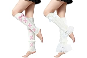 WVD 2 Pairs Leg Warmers, White Lolita and Cross Strap Leg Warmers Women Winter Thermal Warmer, Lace Ruffle Bow and Knitted Kn