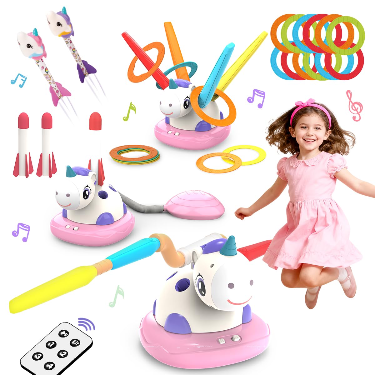 3 in 1 Kids Toys with Musical Jump, Toss Ring Game Toys, Stomping Launch Rocket Launcher, Children's Sports Outdoor & Indoor Toys (unicorn)