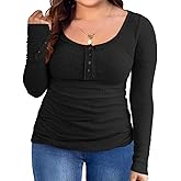 Women’s Plus Size Henley T Shirts Long Sleeve Button Down Tunic Blouse Loose Fit Tops Scoop Neck Ribbed Knit Shirts
