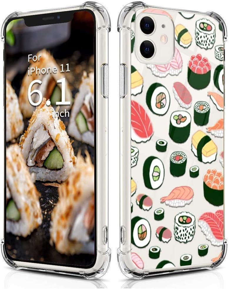 CAROKI iPhone 11 Case, iPhone 11 Clear Case Shockproof Cute Sushi Design [Slim Fit] Transparent Case with Reinforced Corners Soft TPU Bumper Cover For iPhone 11 6.1"- Sushi