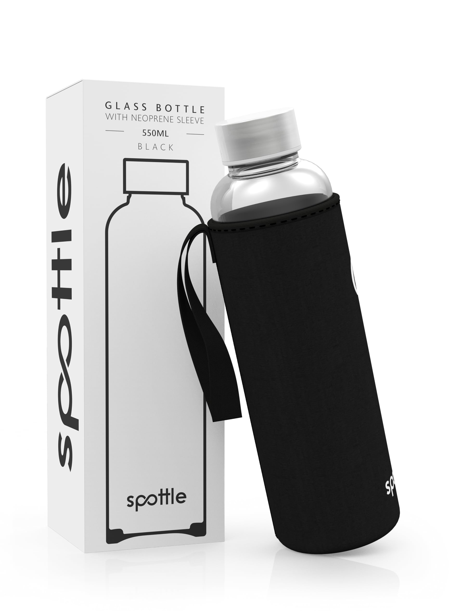 spottle glass water bottle 1 litre with neoprene sleeve - borosilicate drinking bottle 500ml, 750ml, 1l with lid - water bottle glass for kids and adults - dishwasher safe