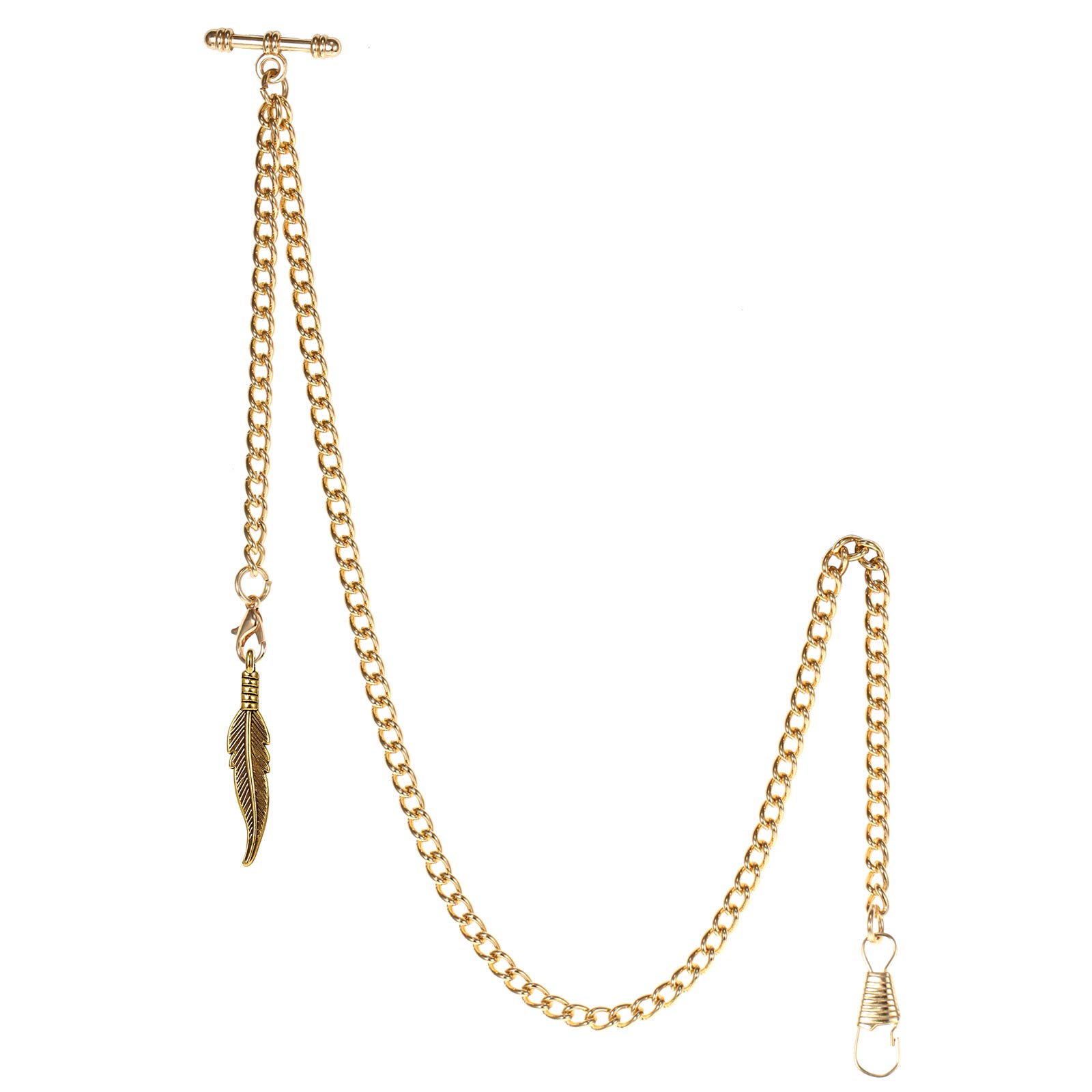 TREEWETO Men's Albert Chain Pocket Watch Curb Link Key Chain 2 Hooks with Antique Gold Leaf Pendant Design Charm Fob T Bar
