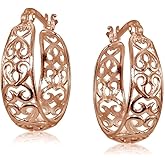 Hoops & Loops 925 Sterling Silver Heart Filigree Hoop Earrings for Women, Silver, Yellow & Rose Gold