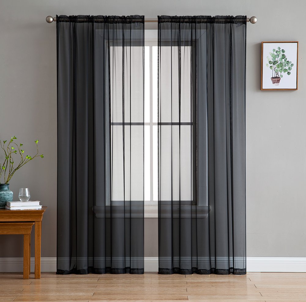 HLC.ME Black Sheer Voile Window Treatment Rod Pocket Curtain Panels for Bedroom and Living Room (54 x 84 inches Long, Set of 2) โ image 1