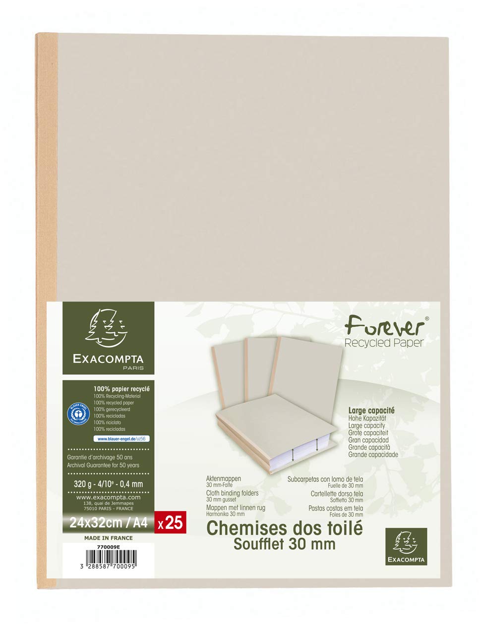 Exacompta - Ref 770009E - Forever Collection - Cloth Spine Folders - 240 x 320mm in Size, Suitable for A4 Documents, 3mm Spine, 320gsm Recycled Card - Grey (25 Pack)