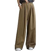 Aeneontrue Women's Linen Wide Leg Long Pants Casual Elastic Waist Summer Palazzo Trousers with Pockets