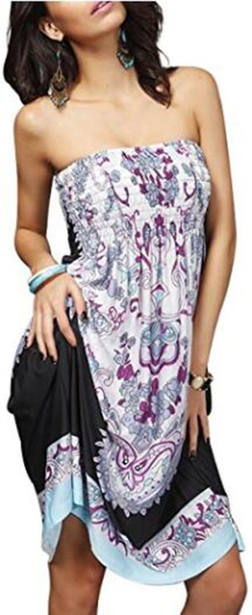 oboss Women Strapless Ethnic Boho Bandeau Beach Sun Dress Loose Bathing Suit Swimsuit Cover Up