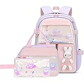 VIDOSCLA 3Pcs Bunny Backpack for Girls Kawaii Kids Backpack Girls Backpack with Lunch Box Set-3Pcs Purple S