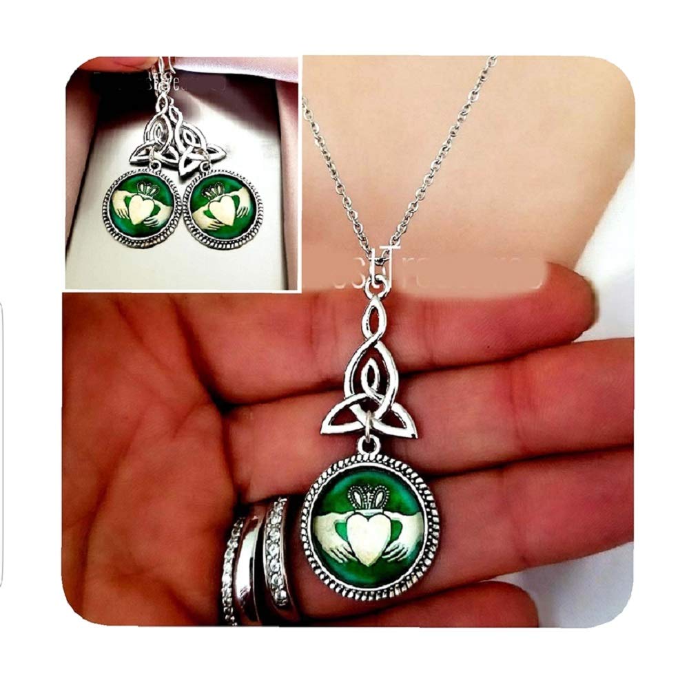 Celtic Irish Claddagh Necklace and Earrings Jewelry Set for