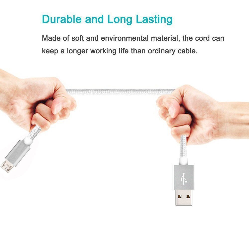 Pasway 3Pack (3ft/1m 6ft/2m 10ft/3m) Micro USB Cable Nylon Braided Sync Charging Cord Wire Universal for Android Smartphone & Tablets (Silver)