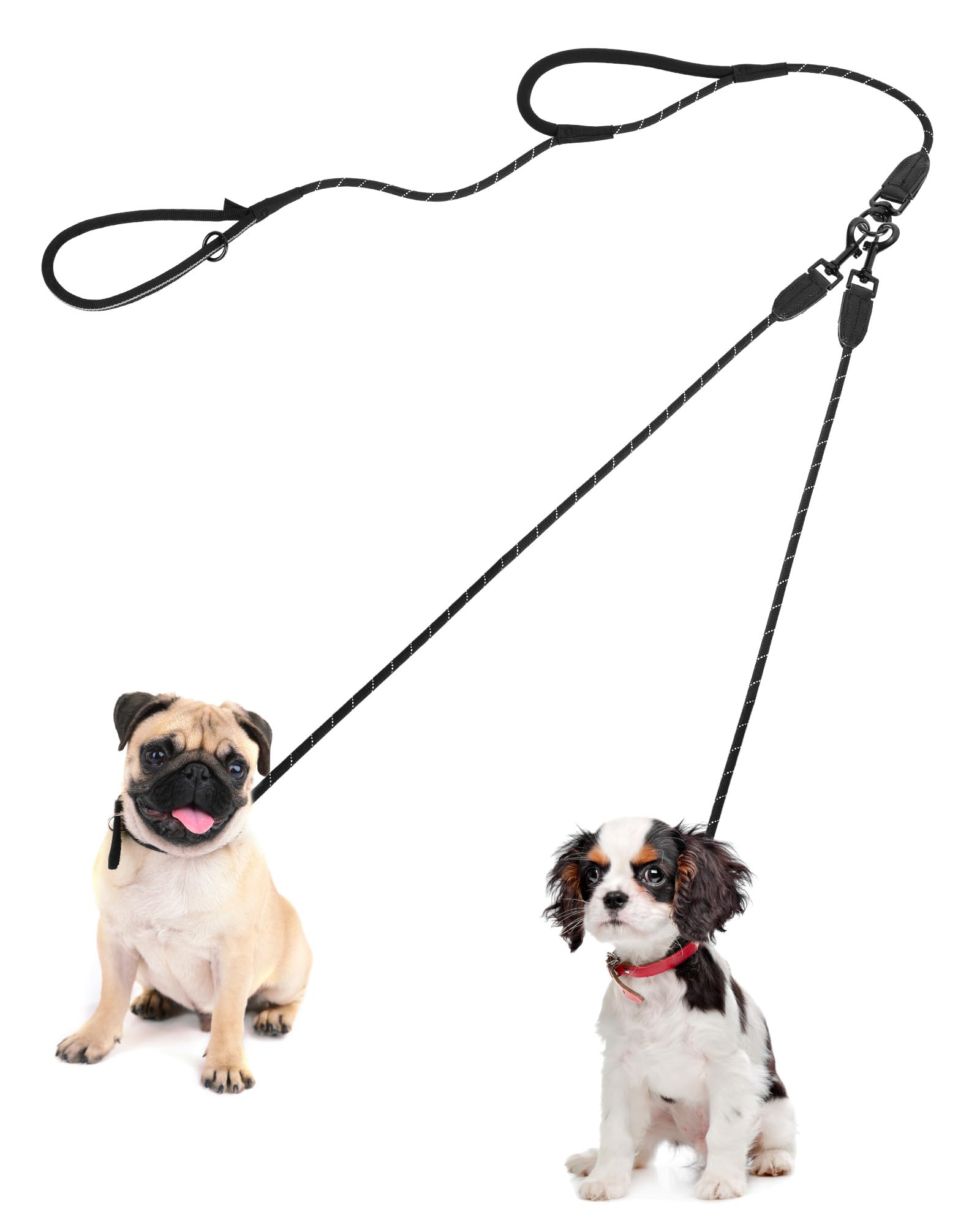 PetBonus Rope Double Dog Lead, No Tangle Dual Lead, Reflective Walking Training Leash with Two Comfortable Padded Handles, Lead Coupler for Small Medium Dogs (5-25 kg, Black Grey)