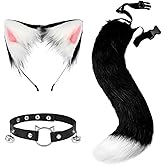 Merkaunis 3 Pcs Wolf Fox Ears Long Tail and Leather Bell Collar Set, Cat Ears and Wolf Fox Animal Tail Cosplay Costume for Adults, Cosplay Halloween Costume Accessories for Halloween Christmas Party