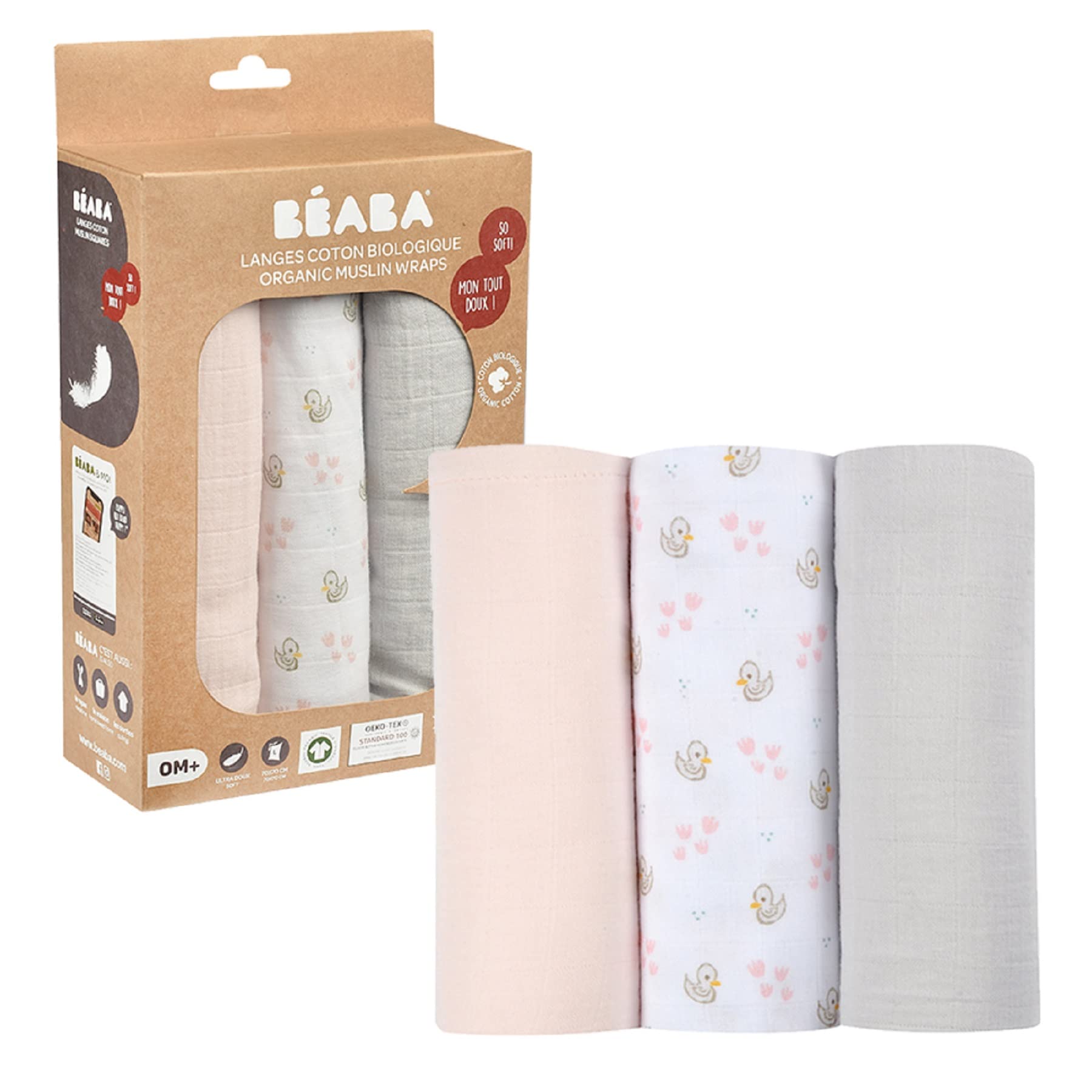 Béaba Set of 3 Baby Swaddle Cloths, Organic Cotton Muslin, Multi-Purpose: Swaddle Blanket, Bib, Travel Blanket, Comforter, Ultra Soft, Breathable, Large, 70x70, Eco-Friendly and Safe, Swan Print