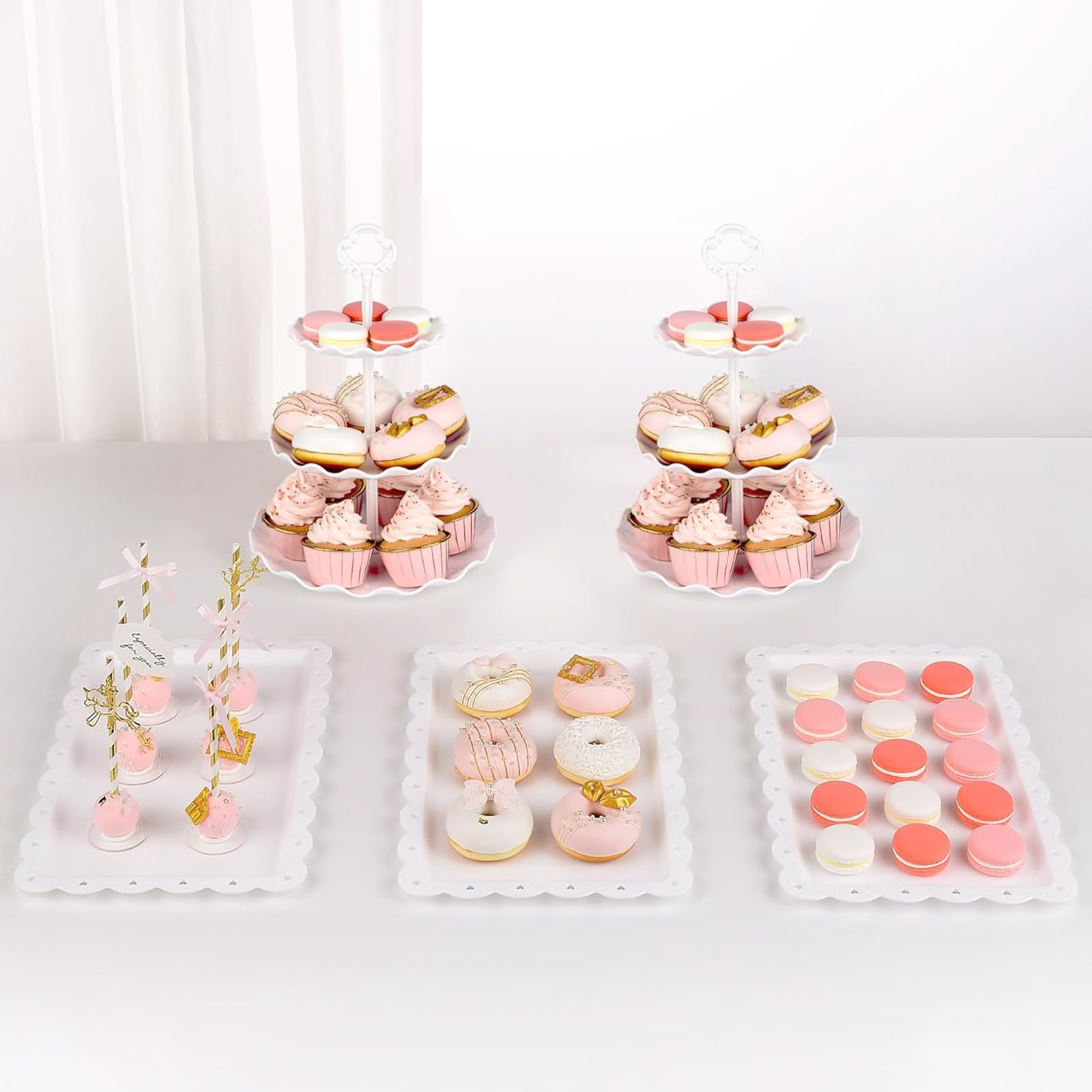 Photo 1 of NWK 5 Piece Dessert Table Display Set with 2xLarge 3-Tier Cake Stand/Cupcake Stands, 3X Appetizer Trays Perfect for Wedding Birthday Baby Shower Tea Party