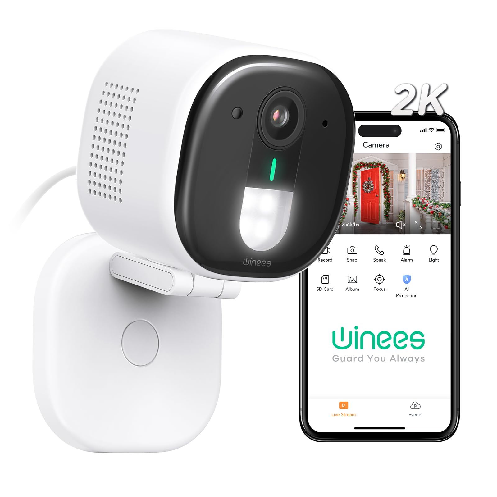 winees Outdoor Security Camera, Wired 2K 4MP Indoor/Outdoor Video Camera for Home Security, Surveillance Camera with Color Night Vision, 2-Way Audio, Siren, Human/Pet/Sound Detection