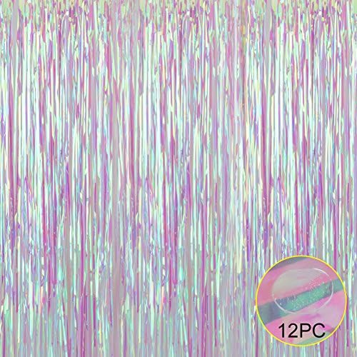 Foil Fringe Metallic Curtain Backdrops -Metallic Tinsel Shimmer Curtains for Party Decorations,with Balloon Sticks 3FTX8FT 1 Pair Transparent White