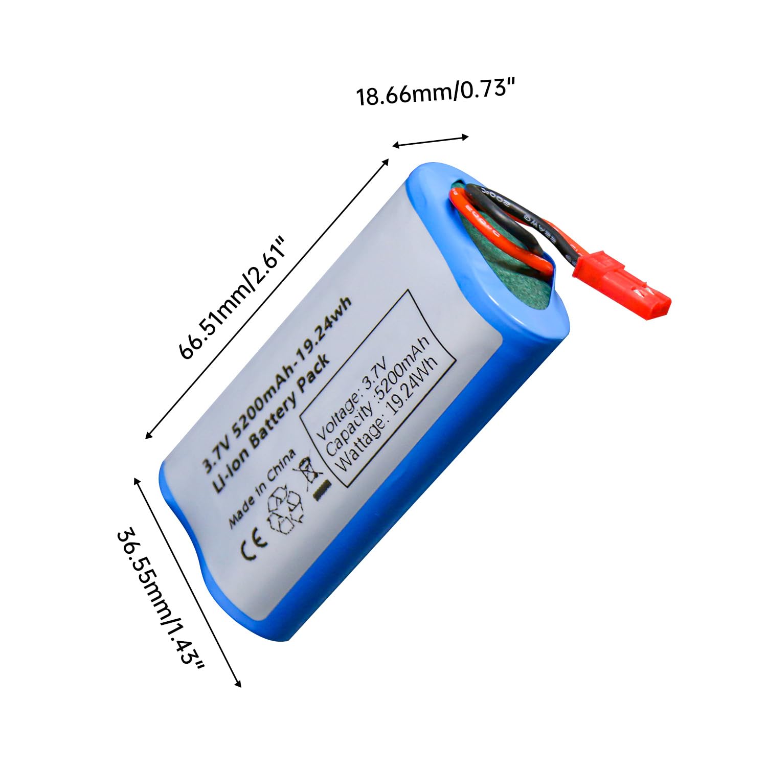 Qimoo 3.7V 5200mah Rechargeable Battery Pack Lithium Ion Batteries with JST-2P Connector for RC Truck, RC Boat, RC Stunt Car