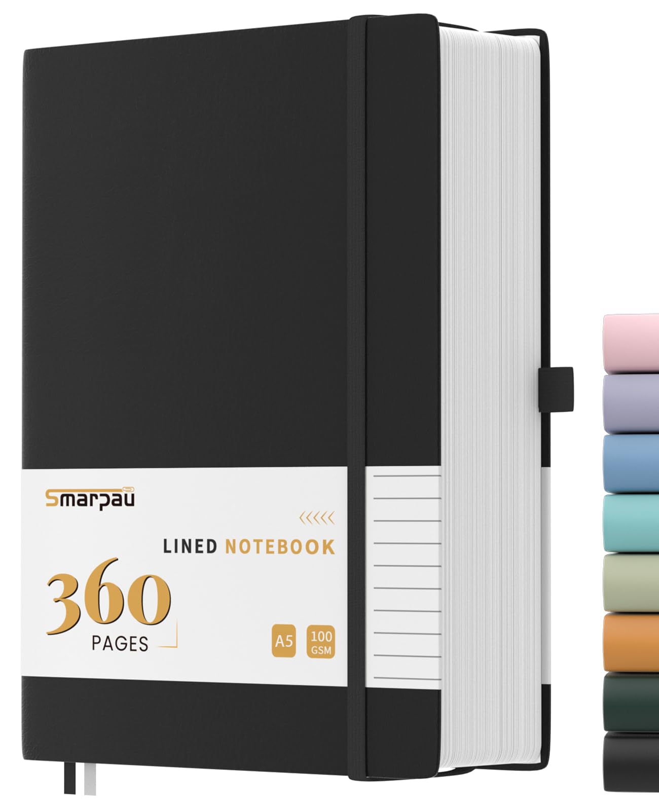 Smarpau Notebook A5 360 Pages, Lined Notebooks with Sticky Notes&Inner Pocket, 100gsm Thick Paper Journals Notebook for Women Men Writing School, Office, Travel, 14.5 x 21cm - Black