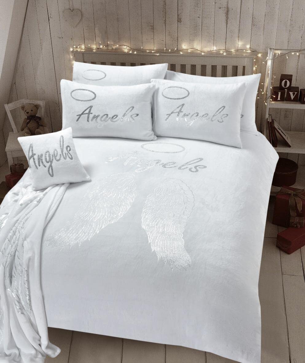 Olivia Rocco Angel Wings Teddy Duvet Cover Set Soft Thermal Quilt Sets Warm Cosy Snug Bedding, Single White