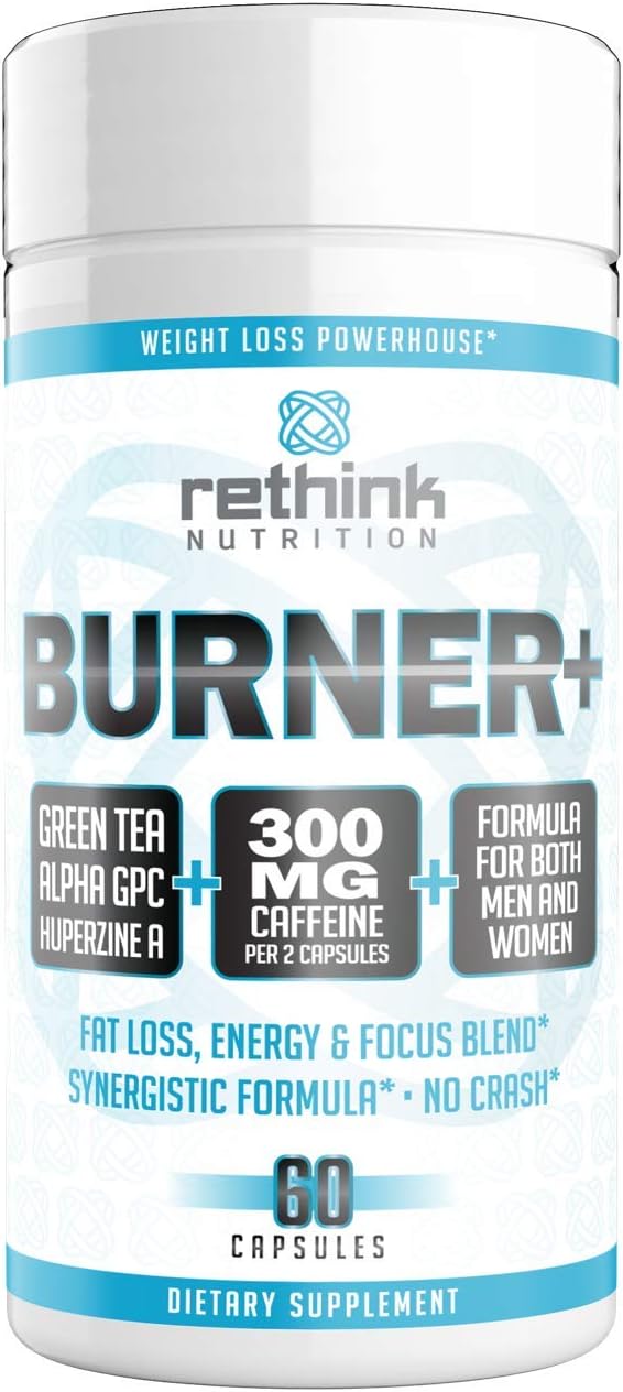 Rethink Nutrition Burner+ Fat Burner, Clean Energy, and Tunnel Vision Focus, Weight Loss Supplement with Caffeine, Alpha-GPC, Green Tea Extract, and Huperzine A, Both for Men and Women, in 60 Capsules