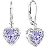 Lwsary Heart Dangle Drop Earrings 925 Sterling Silver Halo Solitaire Leverback Earrings Birthstone Jewelry for Women