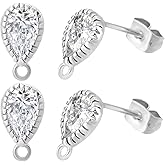 Beebeecraft 20Pcs Cubic Zirconia Earring Findings Real Platinum Plated Teardrop Earrings Posts with Loop and 20Pcs Butterfly Earring Backs for DIY Earring Jewelry Making