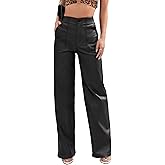Lover Premium Faux Leather Pants High Waist Coated PU Button Straight Leather Black Leggings Wide Leg Pants with Pockets