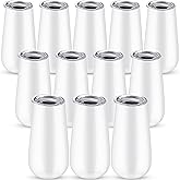 Patelai 12 Pieces 6 oz Stemless Champagne Flutes Wine Tumbler Double-Insulated Cocktail Cups Unbreakable Reusable Champagne Toasting Glass with Lid for Wine Cocktail Wedding Birthday Party (White)