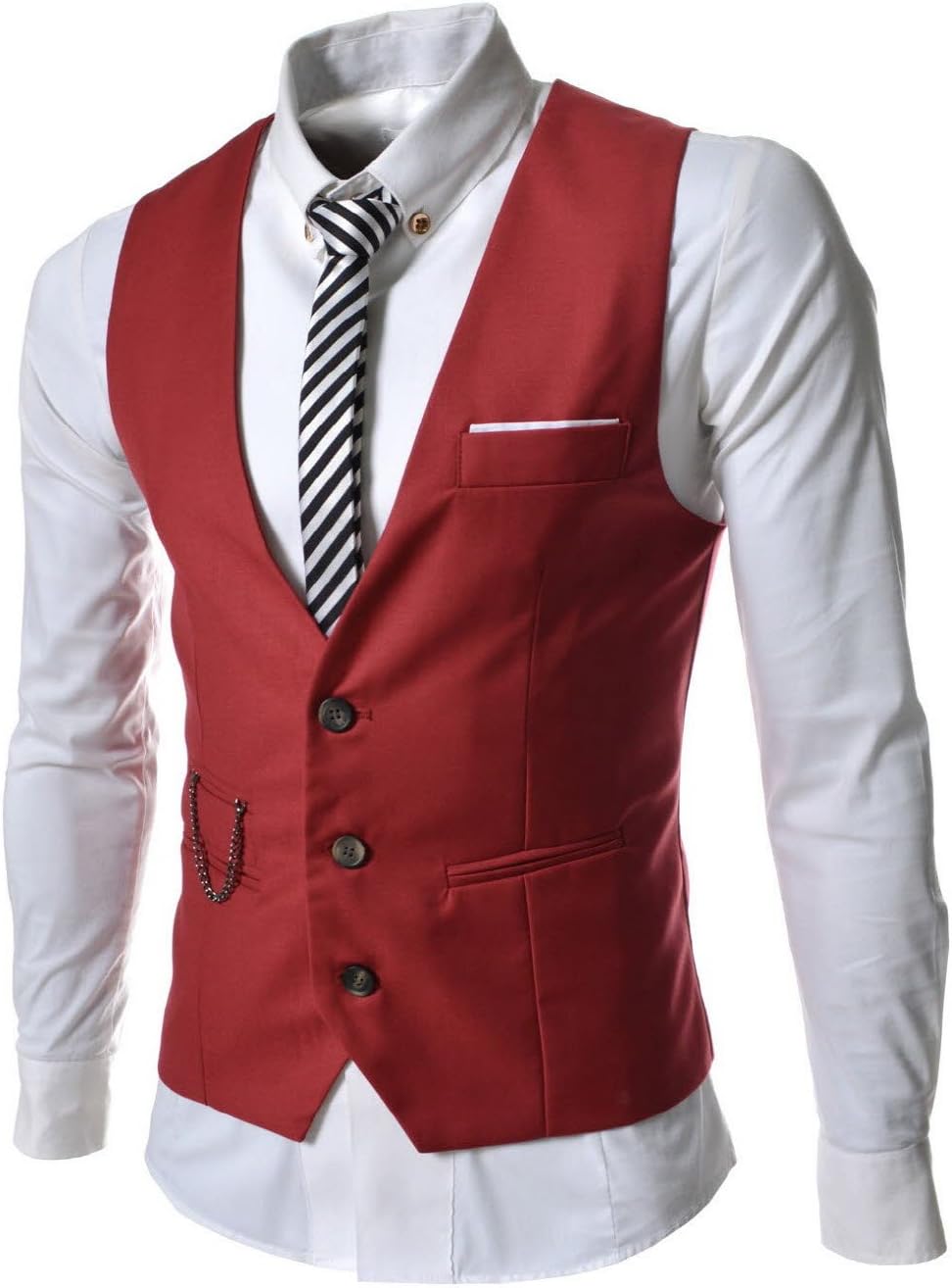 Showblanc (SBSVE) Homme Figure Hugging Chain Point 3 Button Simple Waistcoat RED US XS(Tag size M)