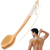 Back Scrubber for Shower，17in Bamboo with Curved Long Handle - Stiff Natural Boar Bristles for Men and Women, Deep Cleansing and Exfoliating, Anti-Slip Grip for Wet or Dry Brushing