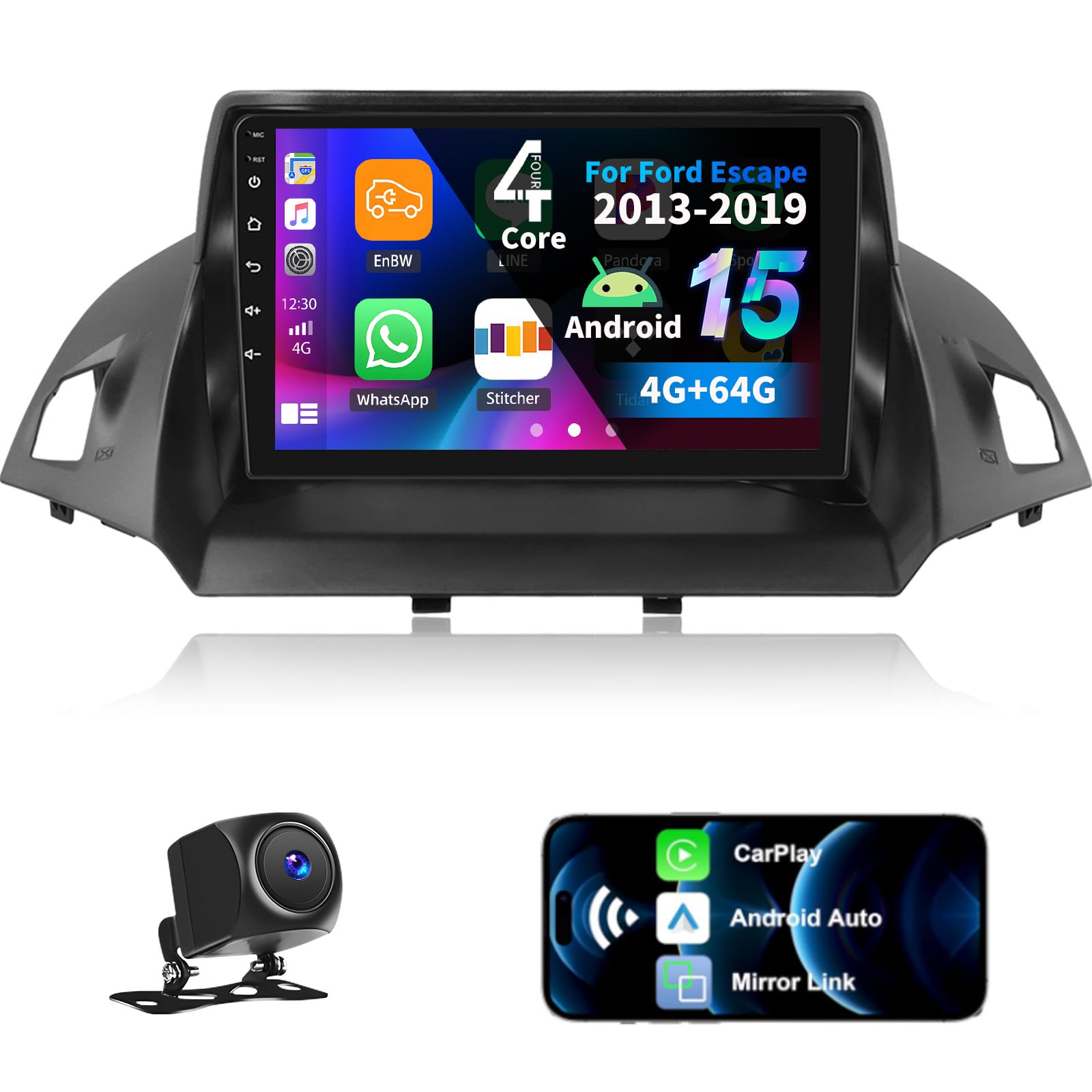 Photo 1 of 4G+64G Android 15 Car Stereo for Ford Escape Kuga 2013-2019 with Wireless CarPlay Android Auto,9 inch Touchscreen Car Radio Player with Mirror Link,WiFi/GPS Backup Camera,Bluetooth,FM/RDS,DSP,SWC