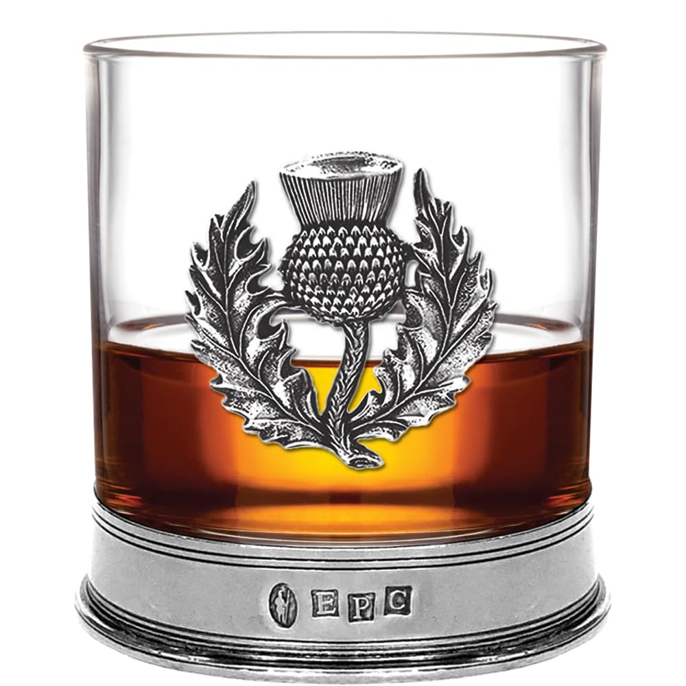 English Pewter Company Whisky Glass Tumbler with Scottish Thistle and Pewter Base [SG705]