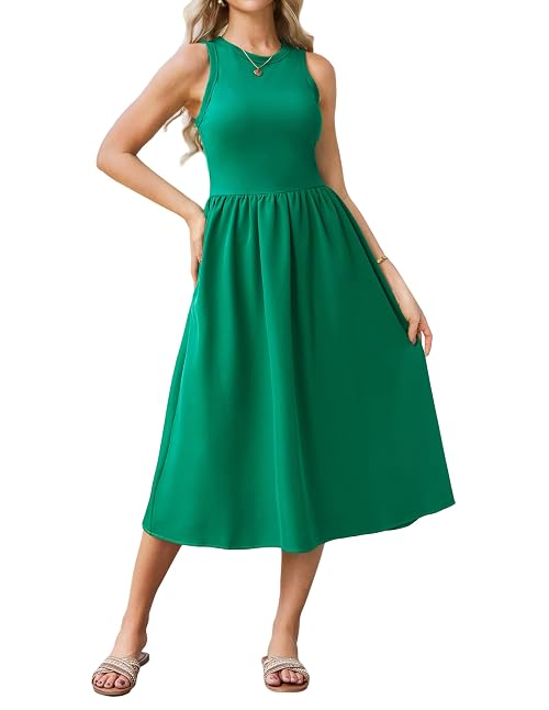 GRACE KARIN Women's Casual Party Dress, Sleeveless Dress with Crew Neck, Flared A-line Dress, Green, XXL