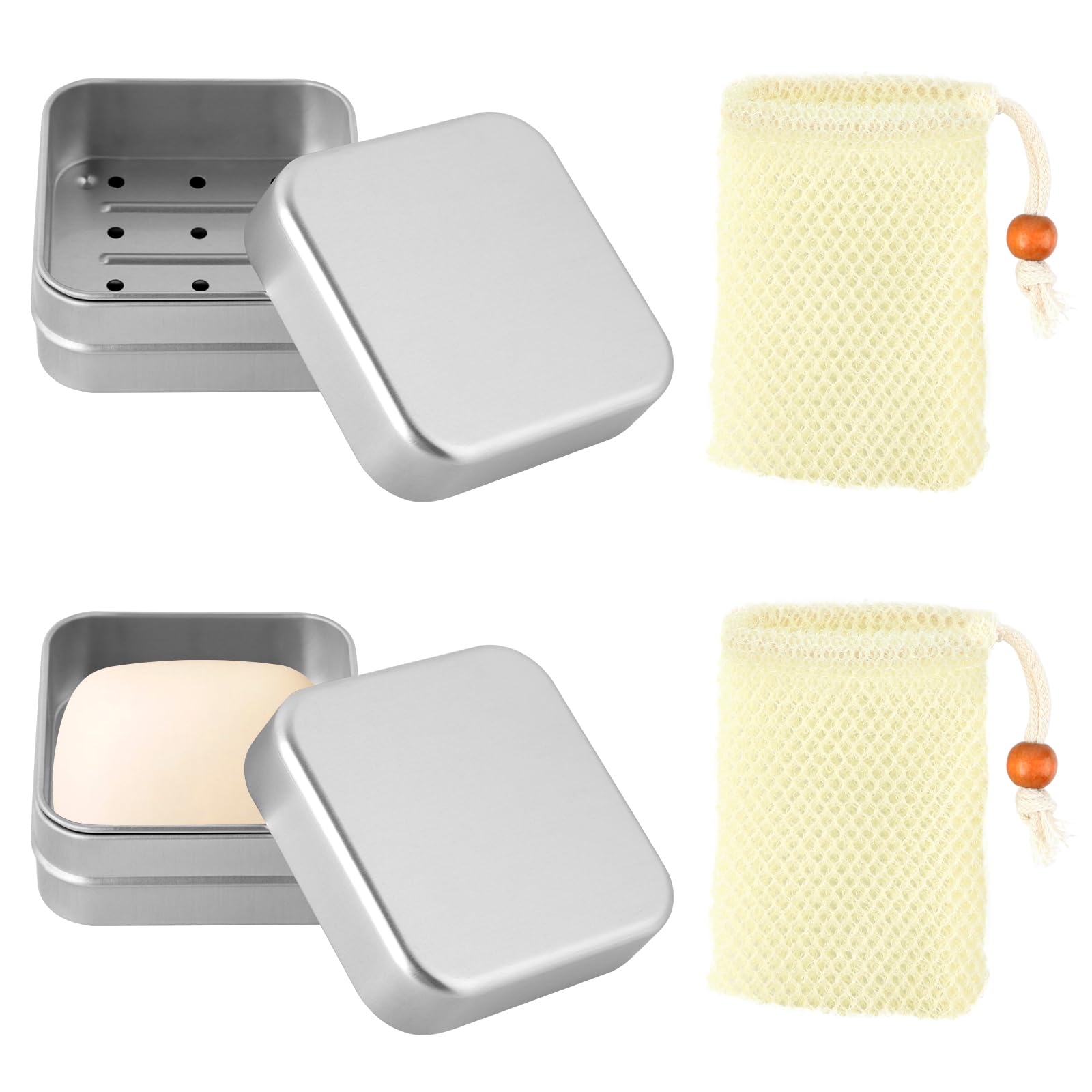 Pack of 2 Aluminium Soap Box Travel (with 2 Yellow Soap Bags), Moisture Resistant Soap Box with Draining Rack, Soap Dish Travel for Solid Soap, Storage of Medicines, Sweets
