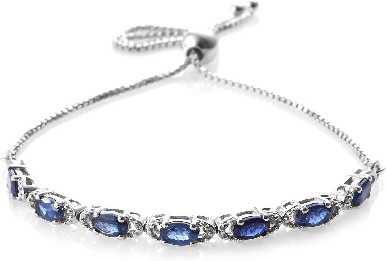 Bolo Bracelet 925 Sterling Silver Platinum Plated Oval Blue Sapphire Gift Jewelry for Women Adjustable Cttw 3.4