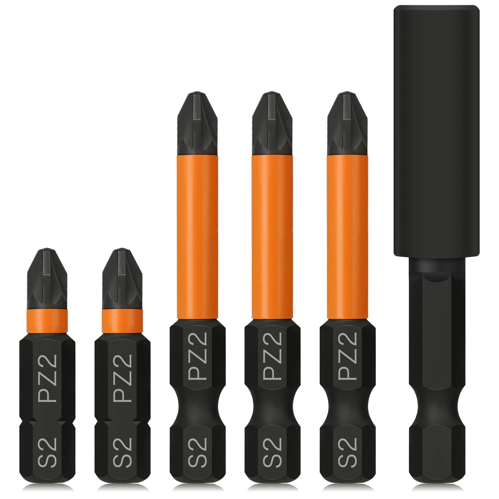 Hakkin 6Pcs PZ2 Impact Screwdriver Bits Set Pozidriv POZI Heavy Duty 1/4” Hex Shank Pozidriv Drive Bit Cross Screw with 1Pcs 60mm Bit Extension Holder — image 1