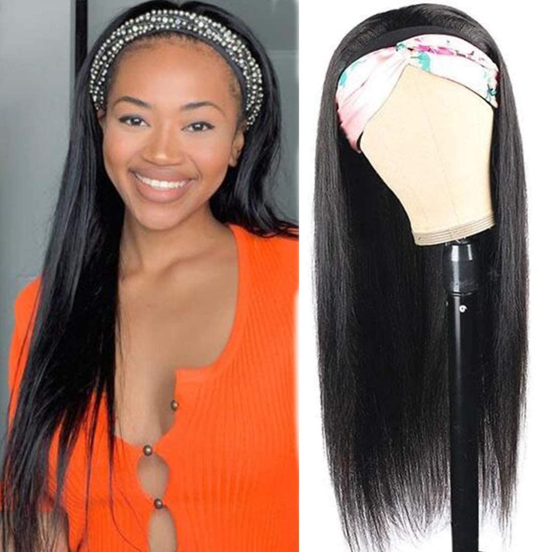 Headband Wig Human Hair Straight Human Hair Wigs for Woman Glueless None Lace Front Wigs Brazilian Virgin Human Hair Wigs Wear and Go 150% Density Natural Black Color 14 inch