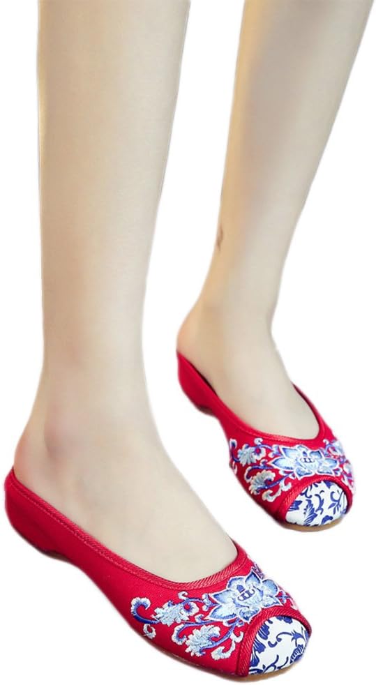 YIBLBOX Women's Chinese Traditional Lotus Flower Embroidery Loafer Slip On Slipper Shoes