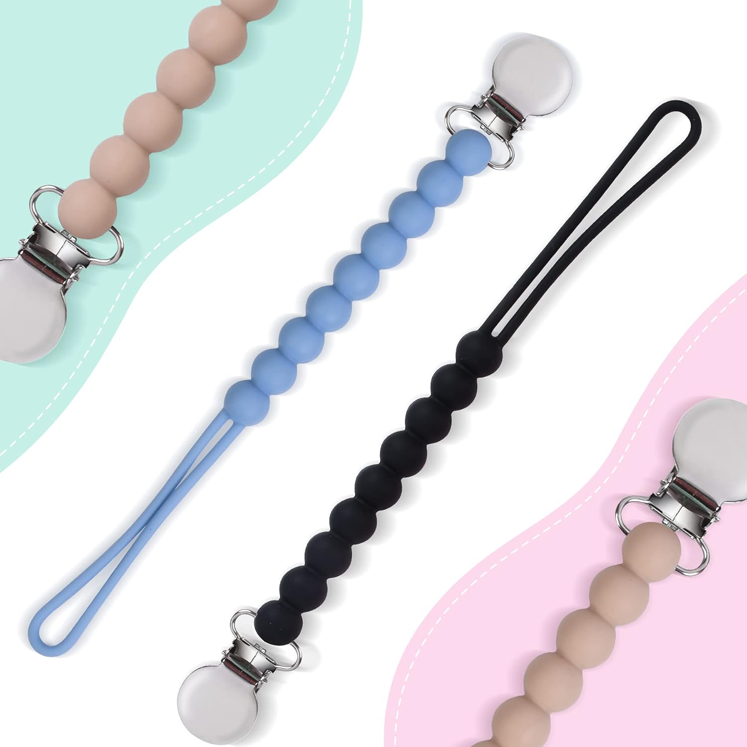 Viyuse Pacifier Clip, One-Piece Teething Silicone Beads Toy, BPA Free Teether Clips Soothers Binky Holder for Newborn Baby Girls and Boys Birthday Christmas Shower Gift (Black 3pack) : Baby