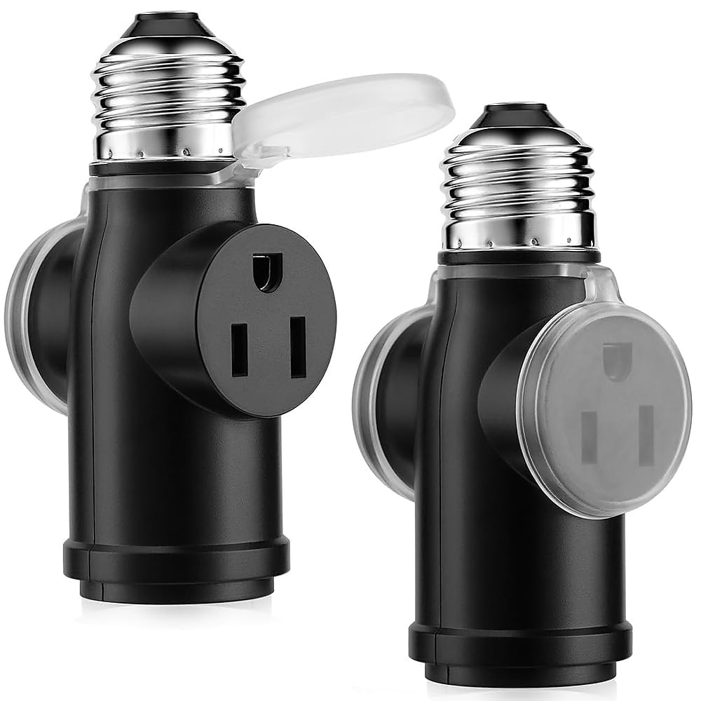 Photo 1 of Onite Light Socket Outlet Adapter, Update to 3 Prong Plugs for Outdoor/Indoor with Waterproof and Dustproof Cover, (Black, 2-Pack)