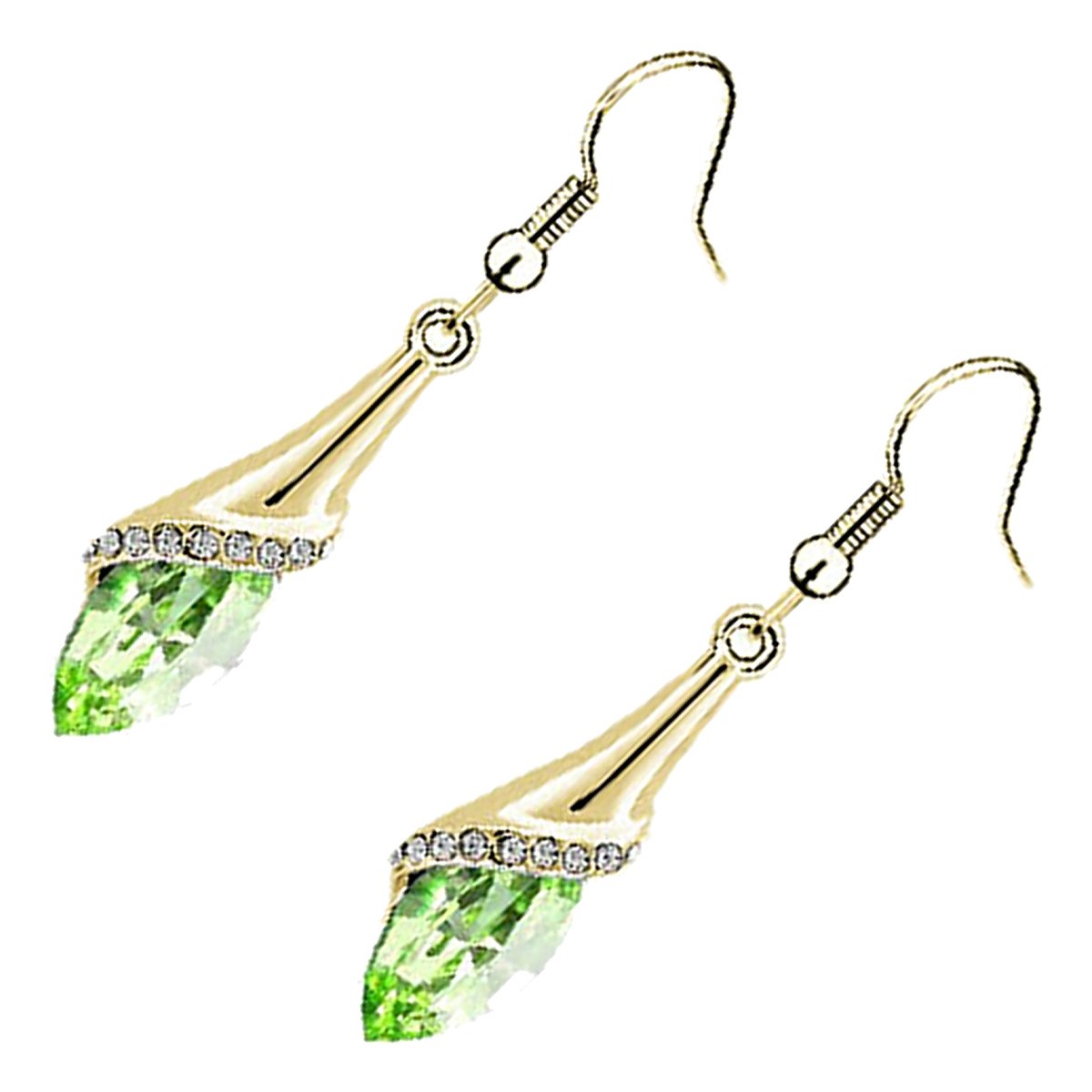 GWG Jewellery Long Drop Earrings 18K Gold Coated Flower Design Paved with Brilliant White Stones and Olive Green Oval Berry Crystal in Gift Box for Women