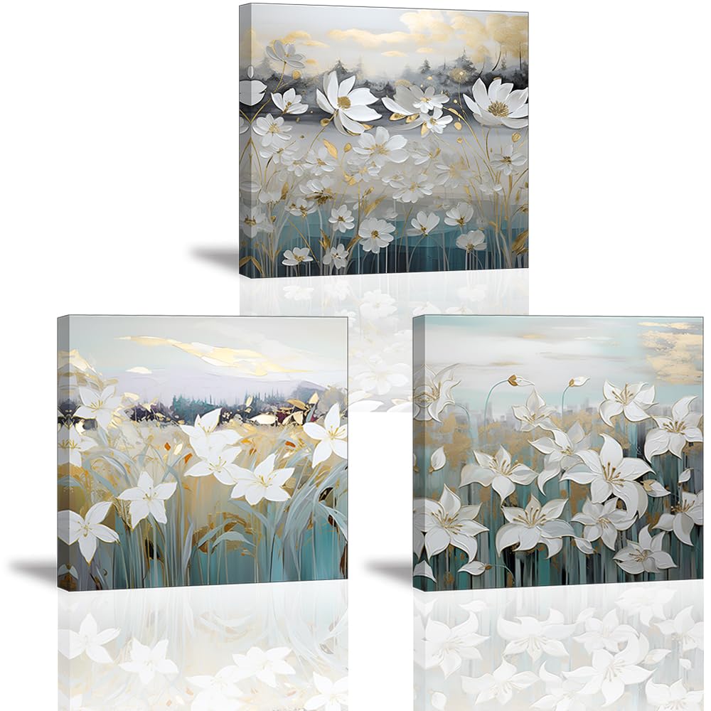 Piy Painting 3 pieces Oil Painting of Flower Print on Canvas, Gold Flowers Canvas Painting Floral Canvas Wall Art for Living room with Inner Wood Frame Ready to hang (12x12in)